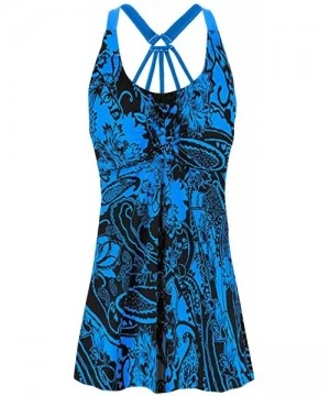 Tops Women's Floral Printed Padded Wide Strap Tankini Swim Top Swimsuit Swimwear No Bottom - Blue 1 - CP18NRNZE37