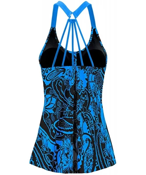 Tops Women's Floral Printed Padded Wide Strap Tankini Swim Top Swimsuit Swimwear No Bottom - Blue 1 - CP18NRNZE37