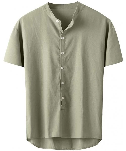 Rash Guards Blouse- Fashion Men's Summer Button Casual Linen and Cotton Short Sleeve Top Blouse - Green - CK18X78T0XQ