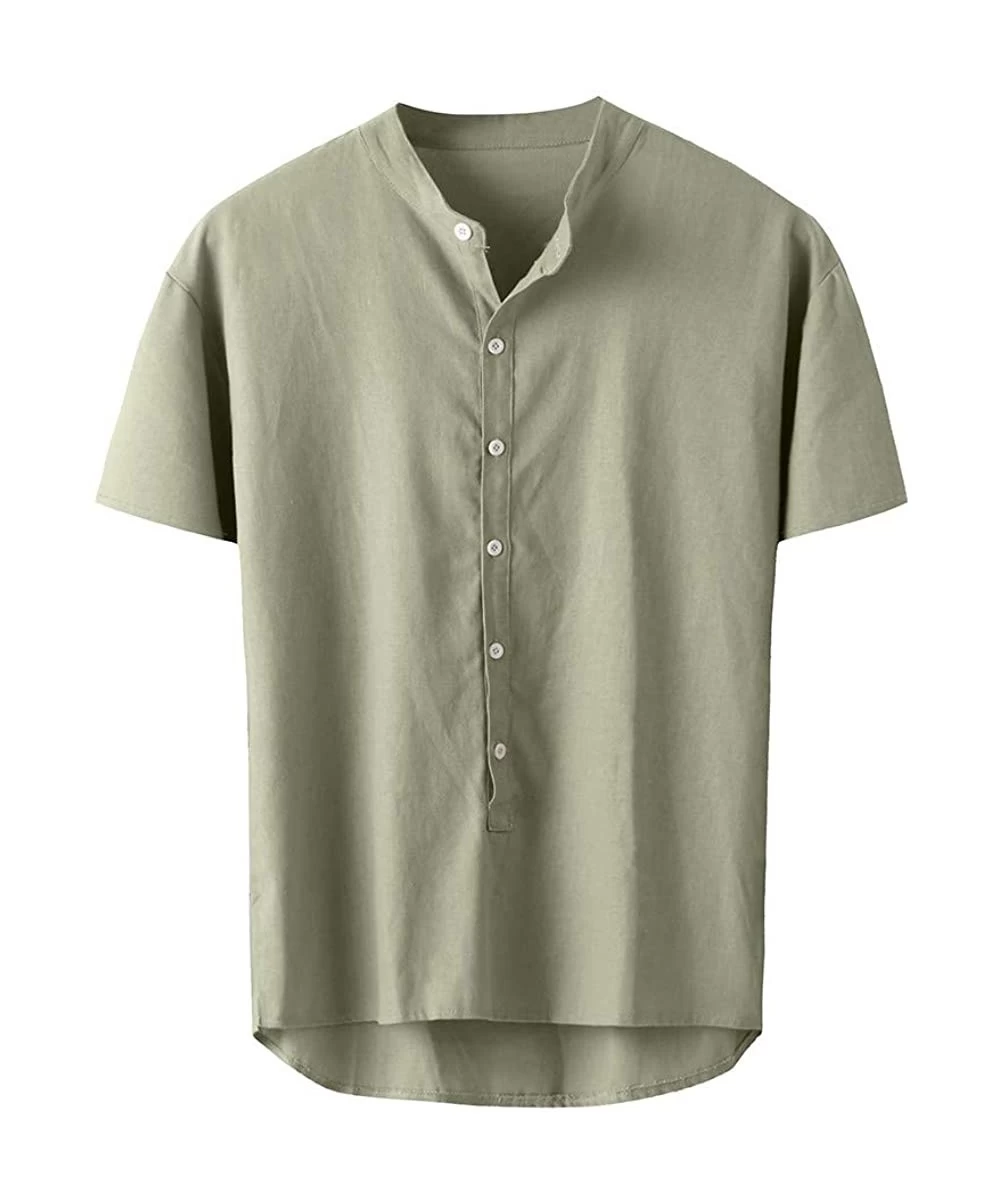 Rash Guards Blouse- Fashion Men's Summer Button Casual Linen and Cotton Short Sleeve Top Blouse - Green - CK18X78T0XQ