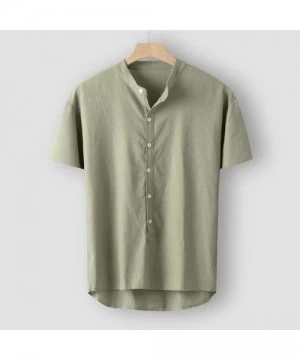 Rash Guards Blouse- Fashion Men's Summer Button Casual Linen and Cotton Short Sleeve Top Blouse - Green - CK18X78T0XQ