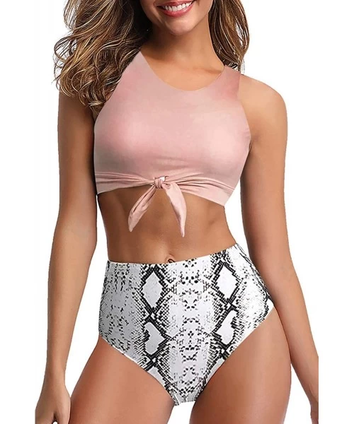 Sets Two Piece Swimsuits for Women High Neck Bikini Crop Top with Swim Bottom Cute Tankini Set Bathing Suits Pink Snake - CY1...