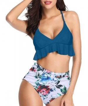 Sets Womens Bandeau Two Piece Bikini Swimsuits Strapless Top with High Cut Bottom Bathing Suit - 2blue Flower - CN18W9GCDDY