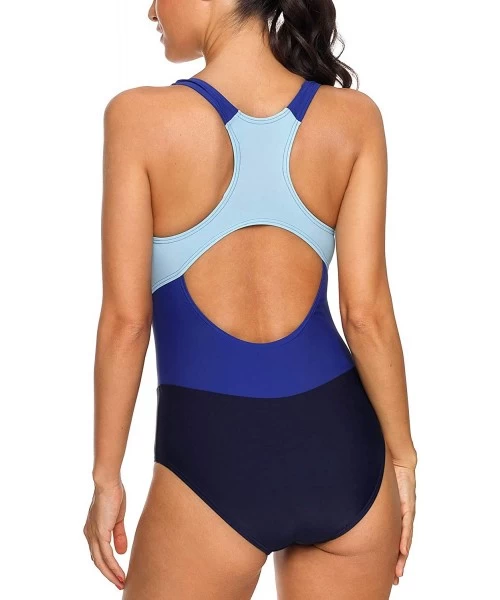 One-Pieces Women's Athletic One Piece Swimsuit Racerback Pro Bathing Suit Swimwear - Navy/Blue1 - CB18KCKY7L4