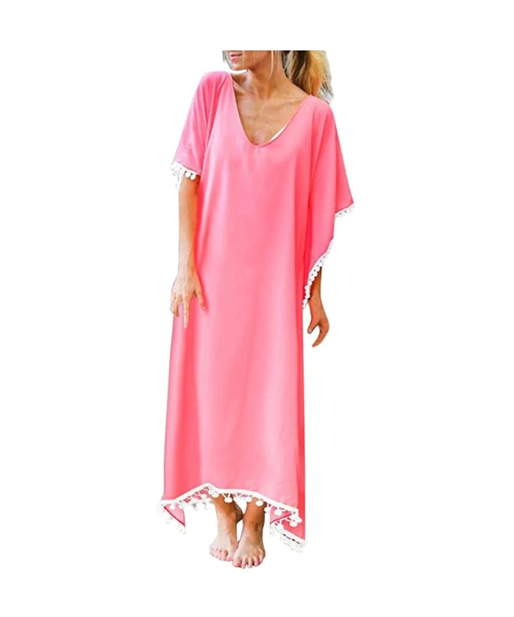 Cover-Ups Summer Beach Cover Up Cardigan for Women Loose v Neck Sundress Holiday Casual Maxi Dress - Pink - CM190E9QTUU