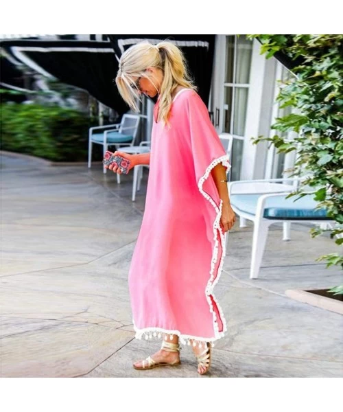 Cover-Ups Summer Beach Cover Up Cardigan for Women Loose v Neck Sundress Holiday Casual Maxi Dress - Pink - CM190E9QTUU