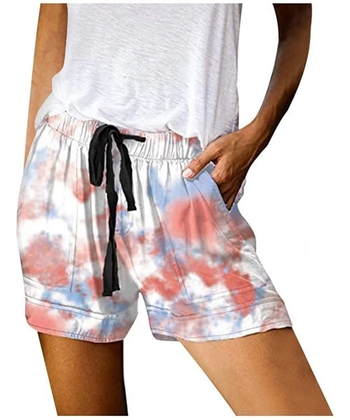 Board Shorts Womens Comfy Summer Tie-Dye Shorts Drawstring Elastic Waist Pockets Casual Pants Lounge Shorts Women - Red - CY1...