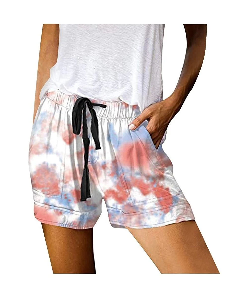 Board Shorts Womens Comfy Summer Tie-Dye Shorts Drawstring Elastic Waist Pockets Casual Pants Lounge Shorts Women - Red - CY1...