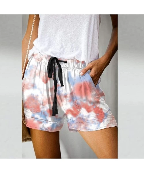 Board Shorts Womens Comfy Summer Tie-Dye Shorts Drawstring Elastic Waist Pockets Casual Pants Lounge Shorts Women - Red - CY1...