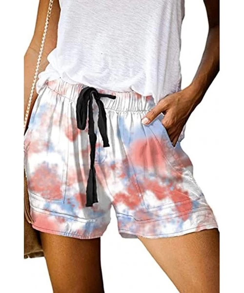 Board Shorts Womens Comfy Summer Tie-Dye Shorts Drawstring Elastic Waist Pockets Casual Pants Lounge Shorts Women - Red - CY1...