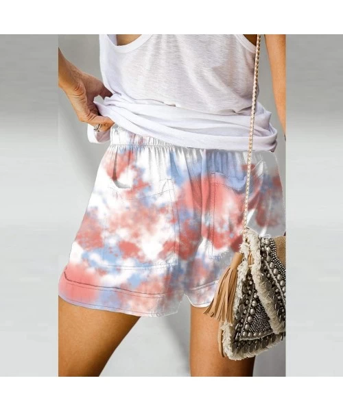 Board Shorts Womens Comfy Summer Tie-Dye Shorts Drawstring Elastic Waist Pockets Casual Pants Lounge Shorts Women - Red - CY1...