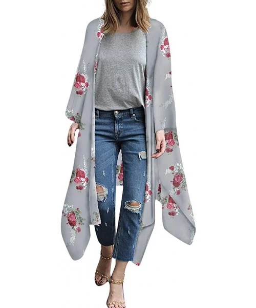 Racing Fashion Chiffon Shawl Print Kimono Cardigan Top Cover Up Blouse Beachwear Women - Gray - CS18OM7NCAY