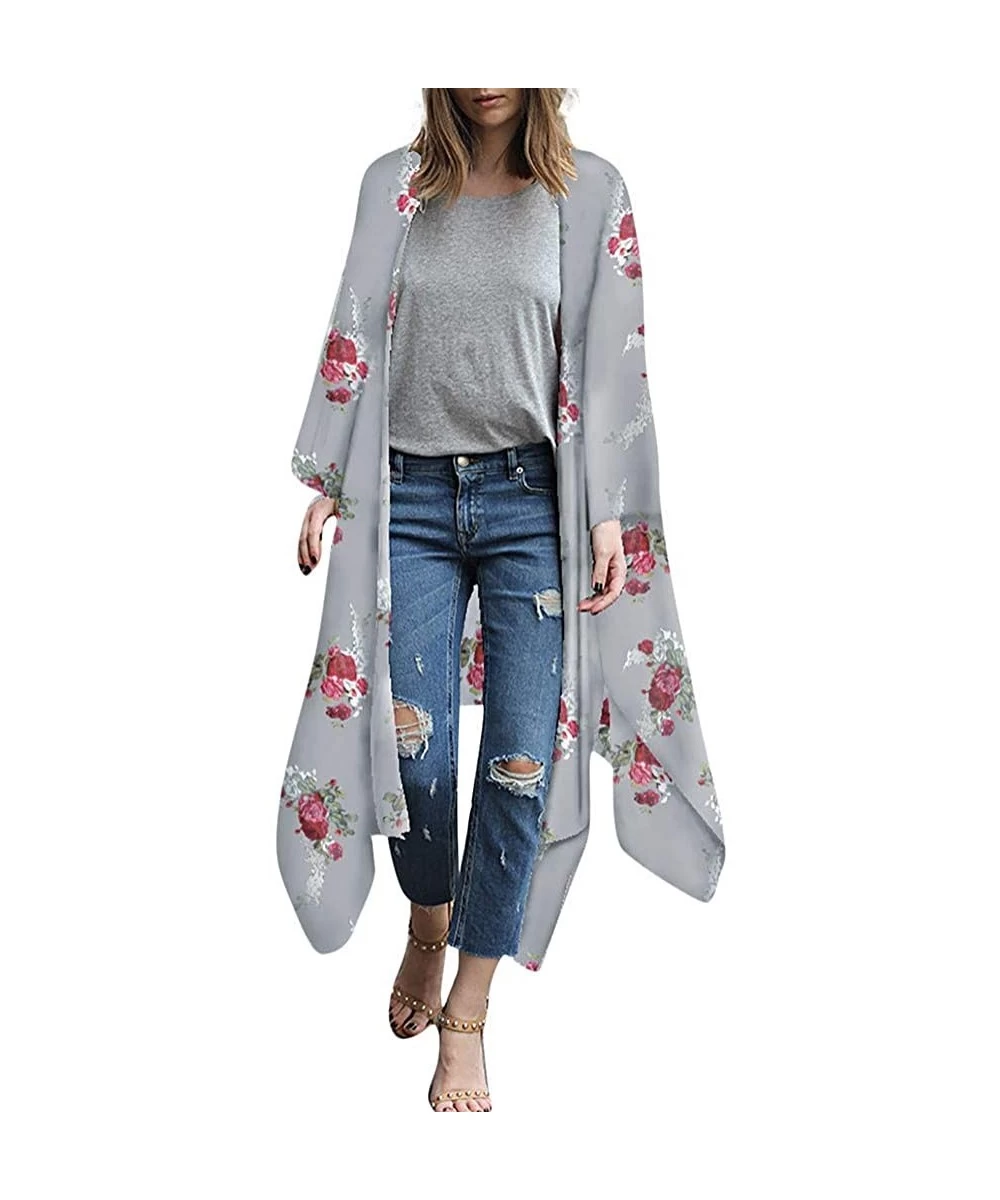 Racing Fashion Chiffon Shawl Print Kimono Cardigan Top Cover Up Blouse Beachwear Women - Gray - CS18OM7NCAY