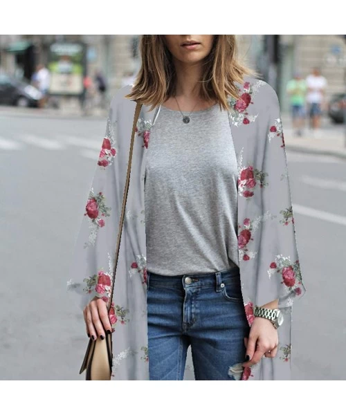 Racing Fashion Chiffon Shawl Print Kimono Cardigan Top Cover Up Blouse Beachwear Women - Gray - CS18OM7NCAY