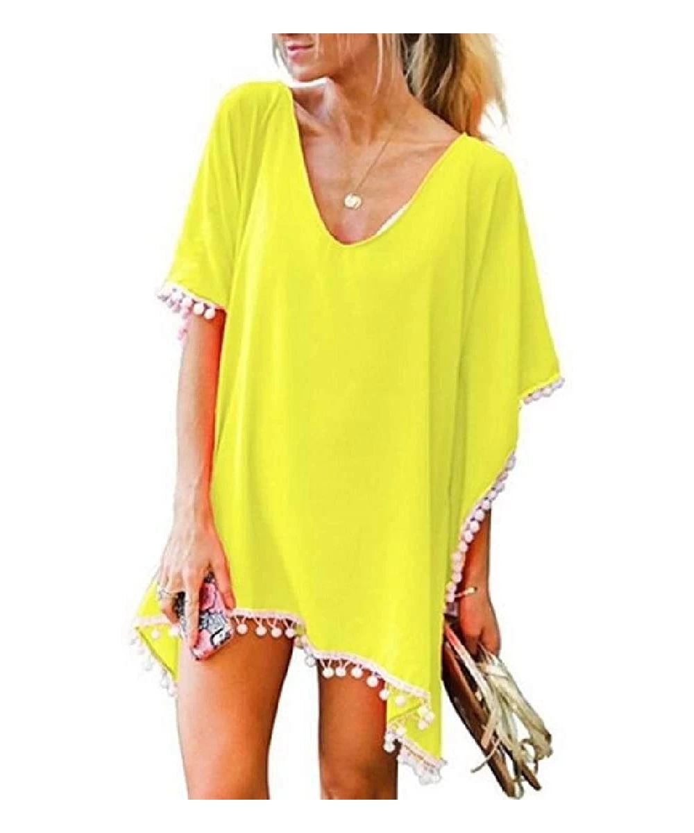 Cover-Ups Beach Chiffon Loose Pom Pom Swimwear Maxi Cover Up Dress - Yellow - CC18RGUR3I8