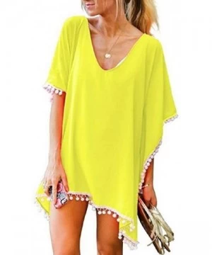 Cover-Ups Beach Chiffon Loose Pom Pom Swimwear Maxi Cover Up Dress - Yellow - CC18RGUR3I8