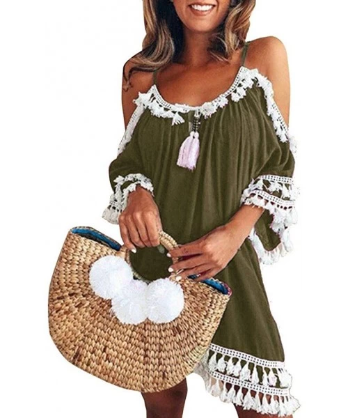 One-Pieces Women Off Shoulder Dress Tassel Short Cocktail Party Beach Dress Sundress - Army Green - C018SH69W68