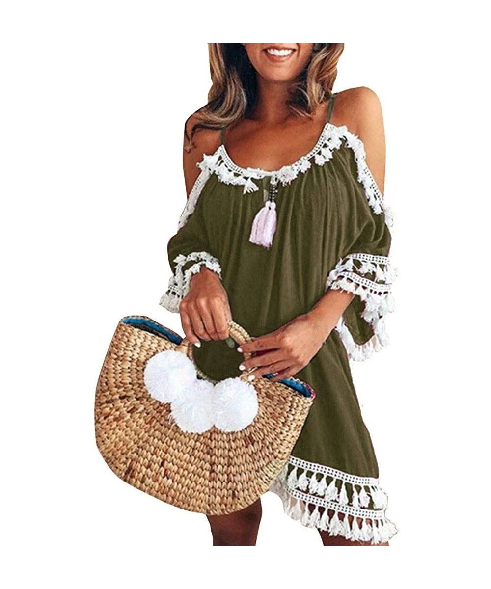 One-Pieces Women Off Shoulder Dress Tassel Short Cocktail Party Beach Dress Sundress - Army Green - C018SH69W68