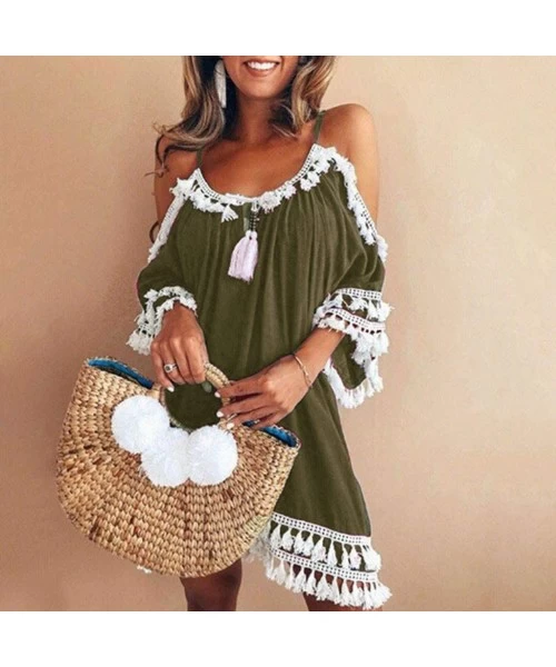 One-Pieces Women Off Shoulder Dress Tassel Short Cocktail Party Beach Dress Sundress - Army Green - C018SH69W68