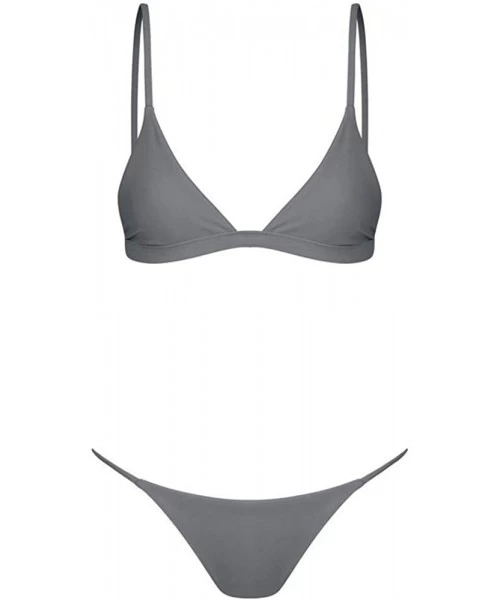 Sets 2 Piece Solid Color Bikini Set Bottom Padded Halter Top Triangle Swimsuit Beachwear - Gray - CQ193M364KU