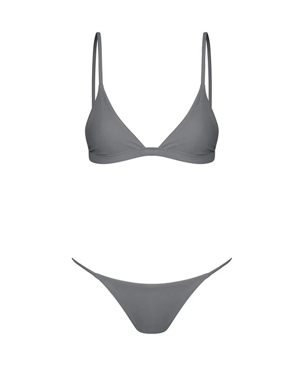 Sets 2 Piece Solid Color Bikini Set Bottom Padded Halter Top Triangle Swimsuit Beachwear - Gray - CQ193M364KU