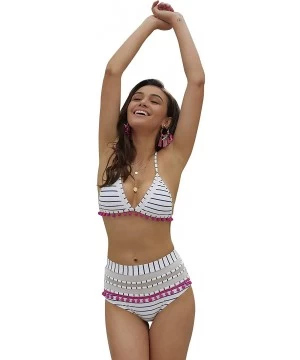 Sets Women's High Waist Two Pieces Halter Bikini Set Striped Tassel Swimsuit - Blue Striped- Medium - C718QT903LH