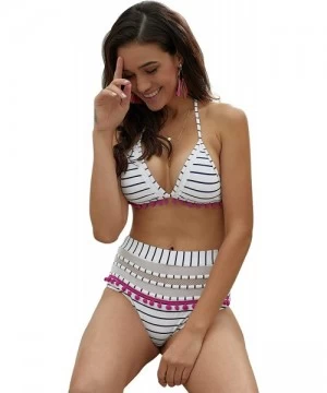 Sets Women's High Waist Two Pieces Halter Bikini Set Striped Tassel Swimsuit - Blue Striped- Medium - C718QT903LH