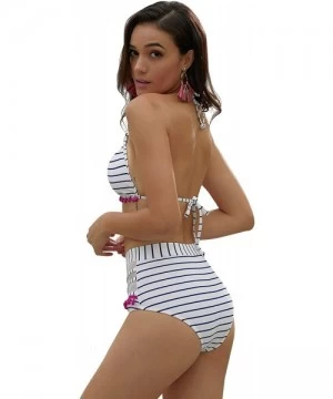 Sets Women's High Waist Two Pieces Halter Bikini Set Striped Tassel Swimsuit - Blue Striped- Medium - C718QT903LH