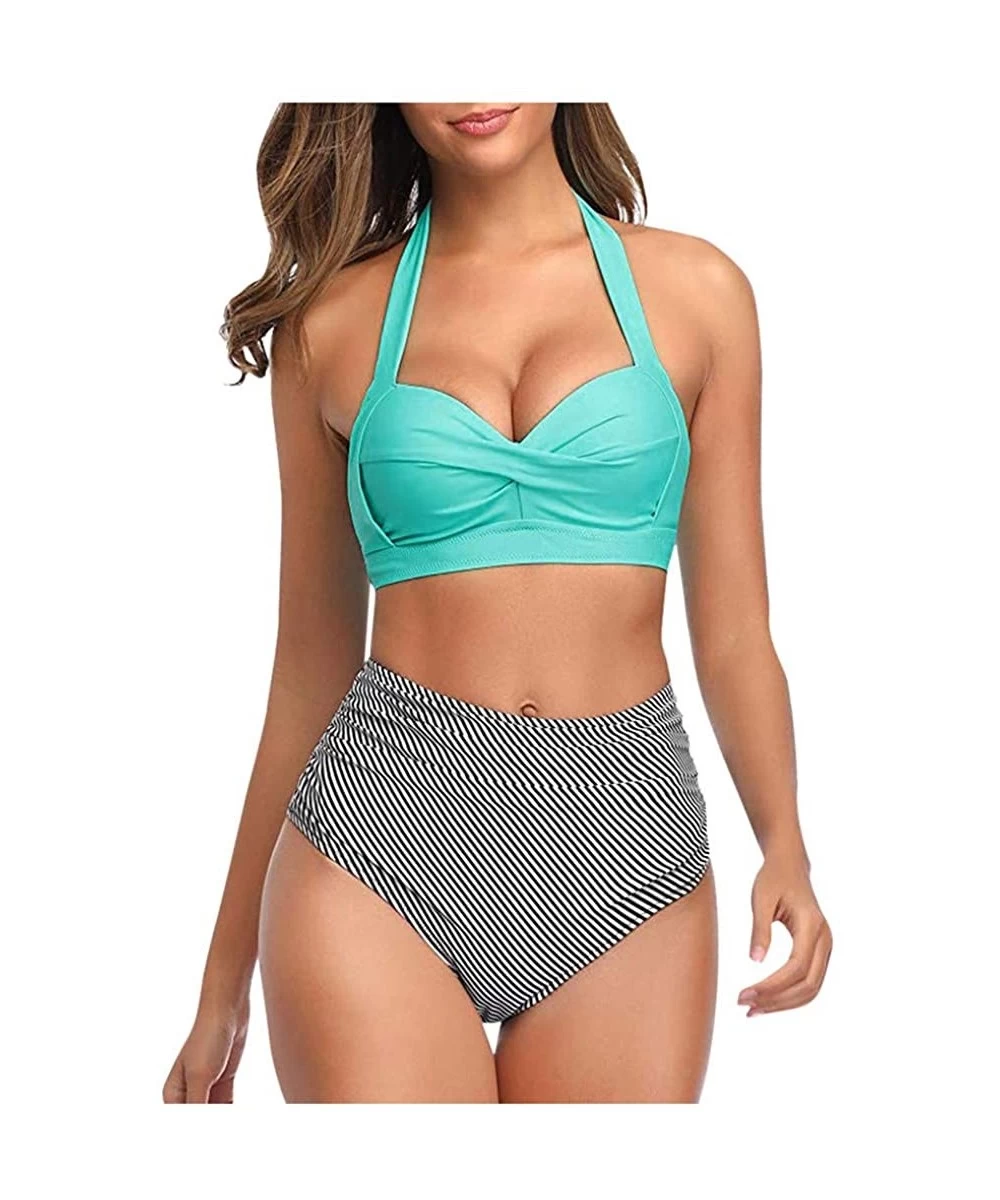 Sets Swimsuits for Women- Women Vintage Swimsuit Two Piece Retro Halter Ruched High Waist Bikini Set - Zz-sky Blue - CF1960XCDS0