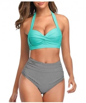 Sets Swimsuits for Women- Women Vintage Swimsuit Two Piece Retro Halter Ruched High Waist Bikini Set - Zz-sky Blue - CF1960XCDS0