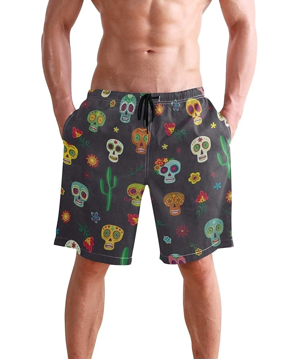 Board Shorts Mens Swim Trunks-Mexican Sugar Skull Aztec Tribal Beach Board Shorts with Pockets Casual Athletic Short - Pictur...