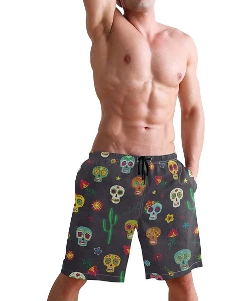 Board Shorts Mens Swim Trunks-Mexican Sugar Skull Aztec Tribal Beach Board Shorts with Pockets Casual Athletic Short - Pictur...