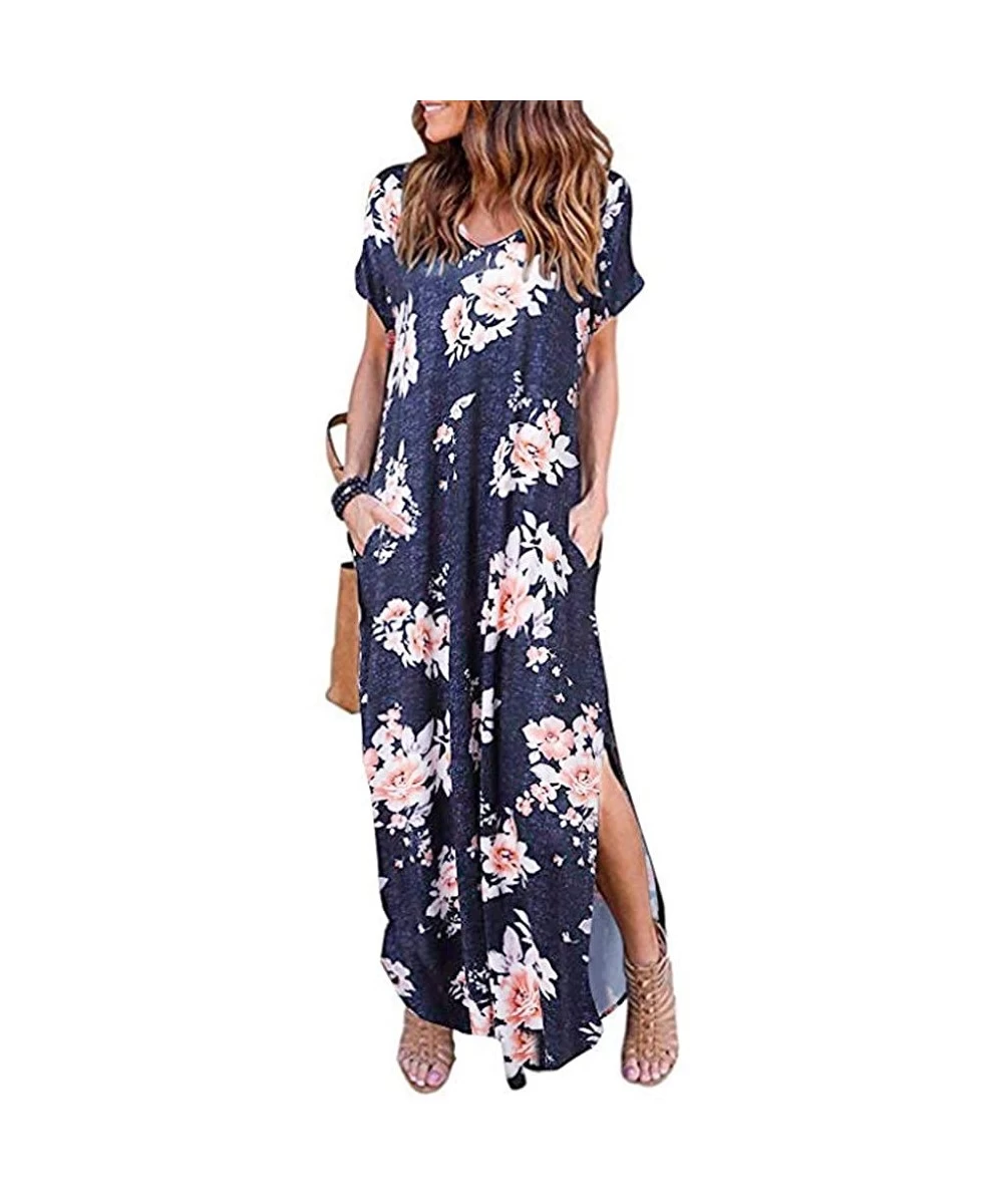 Cover-Ups Maxi Dresses for Women with Pockets-Women's Summer Casual Loose Floral Long Dress Short Sleeve Pocket Maxi Dress - ...