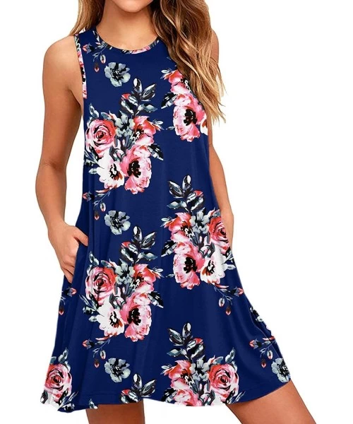 Cover-Ups Women's Sleeveless Pocket Casual Loose T-Shirt Dress - Floral Navy Blue - CE18TI53WW5