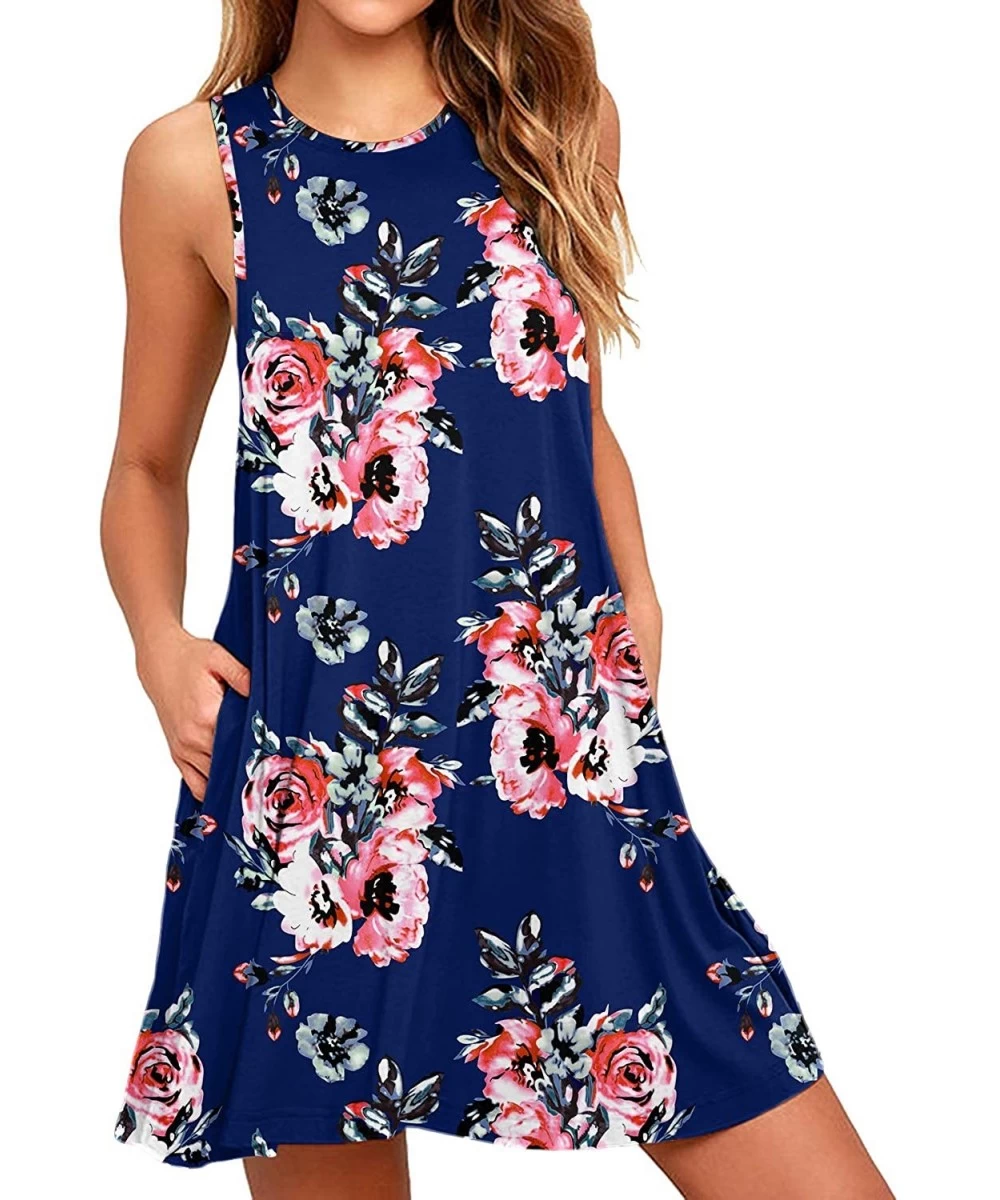 Cover-Ups Women's Sleeveless Pocket Casual Loose T-Shirt Dress - Floral Navy Blue - CE18TI53WW5