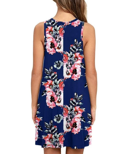 Cover-Ups Women's Sleeveless Pocket Casual Loose T-Shirt Dress - Floral Navy Blue - CE18TI53WW5