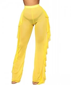 Cover-Ups Women's Perspective Sheer Mesh Ruffle Pants Swimsuit Bikini Bottom Cover up Pants - Yellow - CI18U3YU2Y3