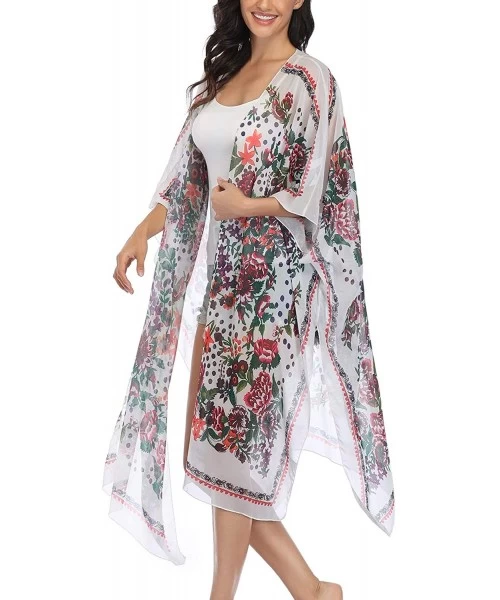 Cover-Ups Women's Long Sheer Floral Kimono Cardigan Chiffon Bikini Beach Cover up Summer Blouse Loose Tops A13 floral Print -...