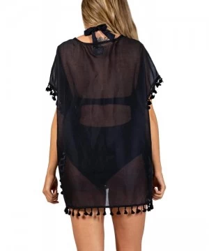 Cover-Ups Bathing Suit Coverup for Women - Swimsuit Cover Up V-Neck Top Short Sleeves Tassels Organic Cotton - Black - C218TW...