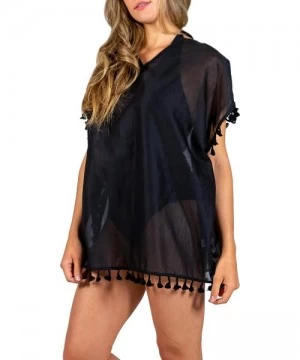 Cover-Ups Bathing Suit Coverup for Women - Swimsuit Cover Up V-Neck Top Short Sleeves Tassels Organic Cotton - Black - C218TW...