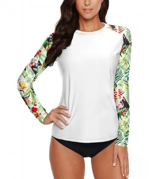 Rash Guards Women's Long Sleeve Rash Guard Sun Protection UPF 50+ Print Swim Shirt - White - Tropical - C2194T024WW