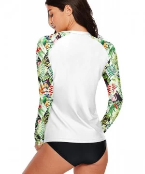 Rash Guards Women's Long Sleeve Rash Guard Sun Protection UPF 50+ Print Swim Shirt - White - Tropical - C2194T024WW