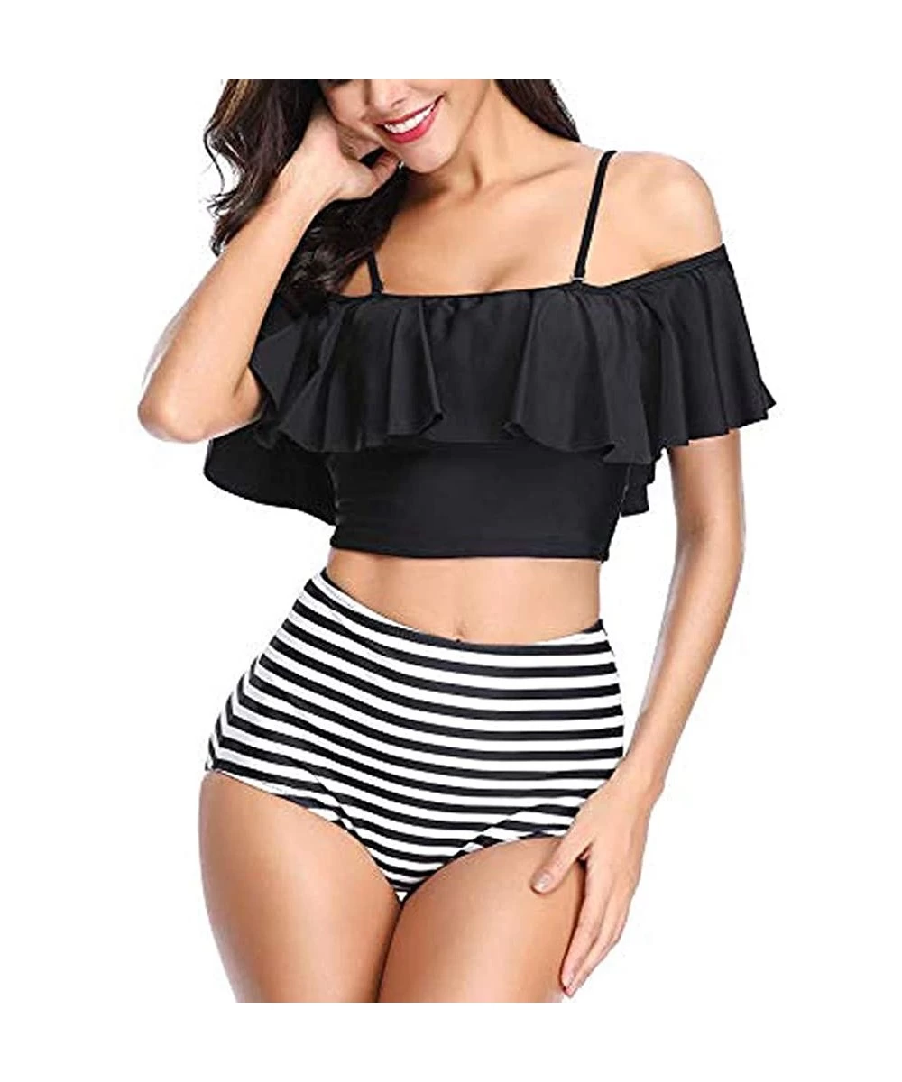 Sets Ruffle Swimsuits for Women High Waisted Two Piece Bathing Suits Off Shoulder Swimwear Ruffled Bikini Set A black - CJ196...