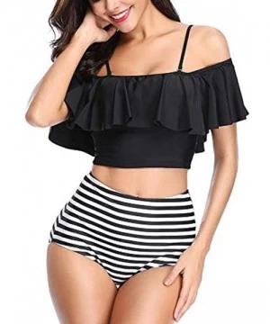 Sets Ruffle Swimsuits for Women High Waisted Two Piece Bathing Suits Off Shoulder Swimwear Ruffled Bikini Set A black - CJ196...