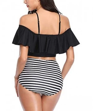 Sets Ruffle Swimsuits for Women High Waisted Two Piece Bathing Suits Off Shoulder Swimwear Ruffled Bikini Set A black - CJ196...