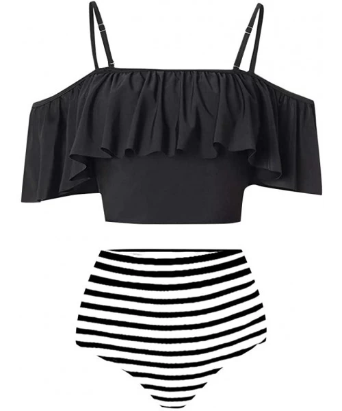 Sets Ruffle Swimsuits for Women High Waisted Two Piece Bathing Suits Off Shoulder Swimwear Ruffled Bikini Set A black - CJ196...