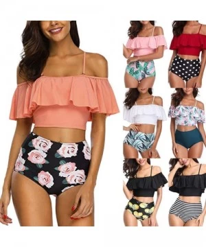 Sets Ruffle Swimsuits for Women High Waisted Two Piece Bathing Suits Off Shoulder Swimwear Ruffled Bikini Set A black - CJ196...