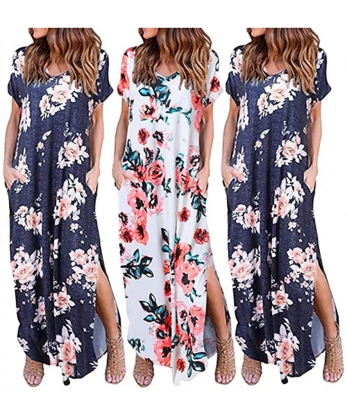 Cover-Ups Maxi Dresses for Women with Pockets-Women's Summer Casual Loose Floral Long Dress Short Sleeve Pocket Maxi Dress - ...