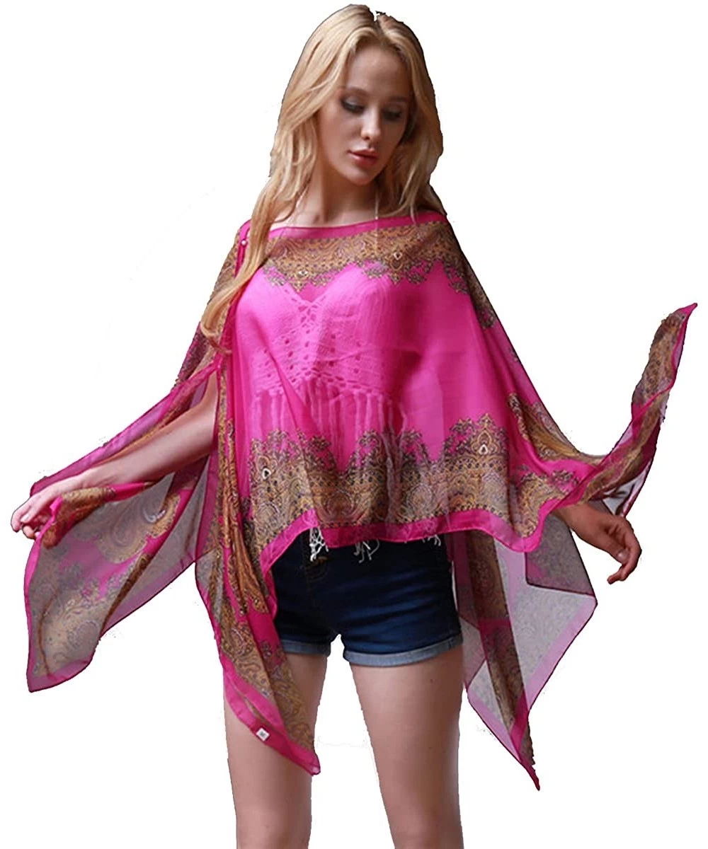 Cover-Ups Women Beach Cover up Blouse Tunic Scarf Boho Print Flower - Rose Red - CV12JZ340XH