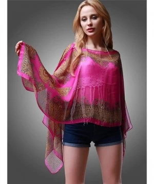 Cover-Ups Women Beach Cover up Blouse Tunic Scarf Boho Print Flower - Rose Red - CV12JZ340XH